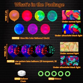 Pack of 109 UV Neon Balloons Glow in the Dark Balloons Black Light Reactive Fluorescent Stars Latex Balloons Neon Party Accessories Black Light Party Balloons Assorted Colours