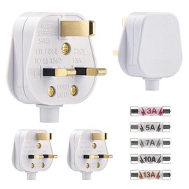 4 Pack 3 Pin Plug UK 13 Amp Plugs White Plug Fused Mains Plugs with 3A 5A 7A 10A 13A Domestic Fuses Kit