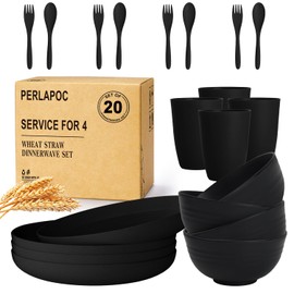 Perlapoc Wheat Straw Dinnerware Sets, Unbreakable Plates and Bowls Sets 20-Piece Service for 4，Plastic Outdoor Camping Dishes, Microwave & Dishwasher Safe - Black