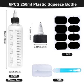 Amentalove 6PCS 250ml Squeezy Bottles with Nozzles, 8oz Squeezy Bottles with Scale, Sauce Bottle, Plastic Squeeze Bottle, Clear Condiment bottles with Labels Brush for Sauce Oil Ketchup DIY Crafts