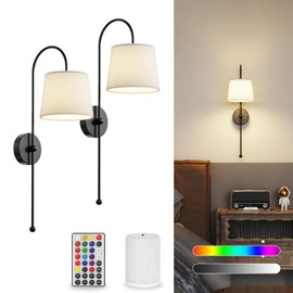 Wall Decor Sconces Set of Two Battery Operated, Rechargeable Wireless Wall Lights for Living Room Bedroom, 2 Battery Powered Wall Lamp with Magnetic Dimmable RGB Bulbs & Remote - Black