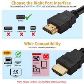 Bawofu Cable HDMI a HDMI, adaptador HDMI de alta velocidad 4K 60Hz macho a macho, compatible con cámara, videocámara, portátiles, tarjeta gráfica, HDTV, tablet, EOS RP/EOS 7D Mark II/XA40, 4.9 pies