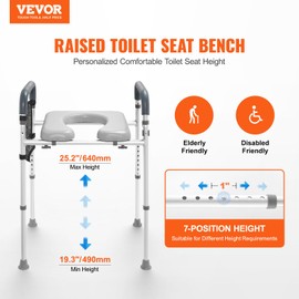 VEVOR Raised Toilet Seat, 7-Position Height Adjustment 19.3" - 25.2", 350lbs Weight Capacity, with Comfort Padded Aluminum Frame, Universal Toilet Seat Riser, for Elderly, Handicap, Pregnant, Medical