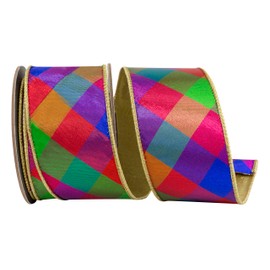 Reliant Ribbon Check Jewel Tone Deluxe Metallic Backed Wired Edge Ribbon, Multi