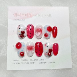 [Handmade Nail Tips] Tomato Horizontal Cat Nails - Coffin Egg / [수제 네일팁] 토마토 가로 고양이 네일 - 코핀에그