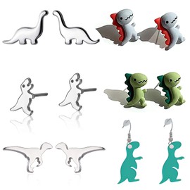 XHBTS 6 Pairs Tiny Dinosaur Stud Earrings for Women Men Brontosaurus Dinosaur Stud Earrings Small Dinosaur Earrings Stud Earrings Acrylic Dinosaur Drop Dangle Earrings with Mini Fabric, Box, Stainless