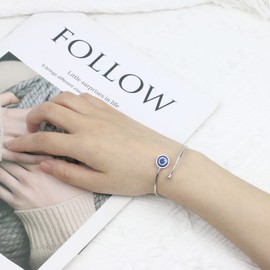 SmileBelle Silver Evil Eye Bangle Bracelets for Women, Mexican Adjustable Stainless Steel Cuff Bracelets for Teen Girls, mal de ojo Protection Bracelets as Mexican Gifts, Evil Eye Jewelry