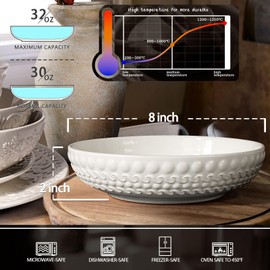 Wareland Pasta Bowls, 32oz Salad Bowls Set of 4, White Ceramic Soup Bowls 8 Inch Embossment Large Serving Bowl Wide and Shallow Bowls for Kitchen, Microwave & Dishwasher Safe (Auspicious Clouds)