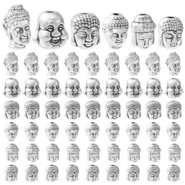 Ornazy 60 pcs 6 Styles Tibetan Buddha Head Spacer Beads Antique Silver Buddhist Spiritual Beads for Yoga Jewellery Making Bracelet Crafts