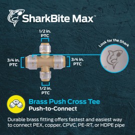 SharkBite Max 3/4 x 3/4 x 1/2 x 1/2 Inch Cross Tee, Push to Connect Brass Plumbing Fitting, PEX Pipe, Copper, CPVC, PE-RT, HDPE, UR380A