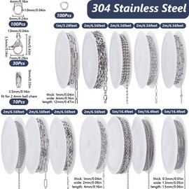 SOFPLATE 12 Rolls 32M/105 Feets Cable Chain Roll Silver Paper Clip Chain Bulk Stainless Steel Textured Ball Paperclip Venetian Link Connector Chains Kits for Jewelry Making Necklace Bracelet DIY Craft