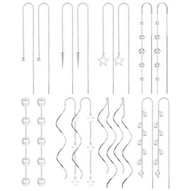 MILACOLATO 8 Pairs Threader Dangle Earrings for Women 316L Stainless Steel Chain Tassel Earrings Lightweight Double Twist Wave Threader Drop Earrings Silver Gold Long Chain Earrings Set 8S