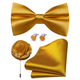 Ailisus Dark Gold Bow Ties for Men Pre-tied Silk Bowtie and Pocket Square Cufflinks Lapel Pin Set Tuxedo Wedding Party 4PCS