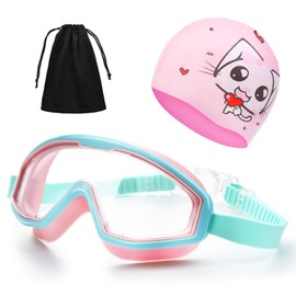 Behufun Kids Swim Goggles with Swim Cap, Swimming Goggles for Kids 6-14, Anti-Fog UV Protection Pool Clear for Boys Girls