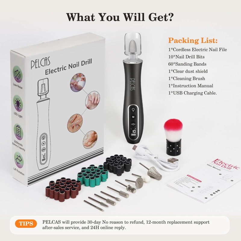 PELCAS Electric Nail Drills, Professional Cordless Nail File Kit with