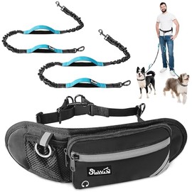 HomeChi Manos Libres Correa de Perro, 2 Correas para Perro y Una Riñonera, Correa Cintura Ajustable con Doble Asa Acolchada Cuerda Elástica Retráctil 