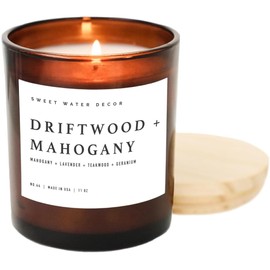 Sweet Water Decor Driftwood and Mahogany Candle | Warm Mahogany, Fresh Lavender, Geranium, and Teakwood Scented Candle for Home | 11oz Amber Glass Jar, 50+ Hour Burn Time, Made in the USA