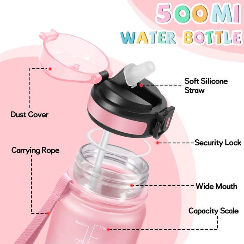 Children's Drinking Bottle, 500 ml, Drinking Bottle with Straw, Leak-Proof,