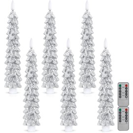 Funtery 6 Pcs LED Christmas Tree Flameless Taper Candles, 9.7 Inch Real Wax Battery Operated Candlestick Lights with 3D Flame and Remote Timer for Windows Fireplace(Silver,Christmas Tree)