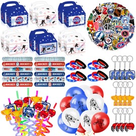 122pcs ice hockey party favors Supplies, Gift Bags, key chains,Wristbands,balloons,Stickers straws etc for Birthday Party Decorations Fill Up the Goodie Bags Prizes Pinata Fillers (ice hockey)