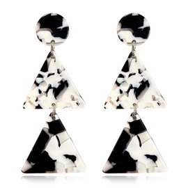 Retro Simple Acrylic Geometric Double Triangle Earrings for Women Boho Creative Exaggerated Leopard Statement Drop Earring (Black White Double Triangle Earrings)