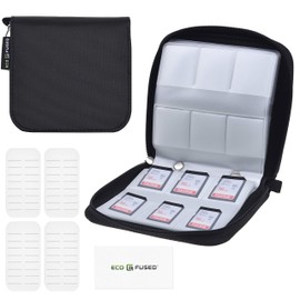 Eco-Fused Estuche de Tarjetas de Memoria - Almacena hasta 44x SD, SDHC, Micro SD, Mini SD y 4X CF - Estuche con 44 Ranuras (8 Páginas) - Para Almacenamiento y Viaje - Etiquetas y Paños de Microfibra incluidos