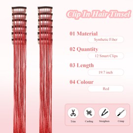 Red Tinsel Hair Extensions Hair Tinsel 12 Pcs Clip In Tinsel Hair Extensions 20 Inch Tinsel Hair Clip In Tinsel Hair Accessories For Girls Glitter Tinsel Hair Extensions For Party (12Pcs,Red#)
