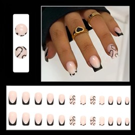 Heart Press on Nails Medium Valentine's Day Fake Nails with Blake Heart Design French tips False Nails Glossy Full Cover Stick on Nail Glue on Nails for Women 24Pcs