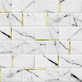 DÉCOR WOW Peel & Stick Backsplash for Kitchen & Bathroom, (8) 12x12-inch Sheets Covers 8 Sq. Ft, White Marble Subway with Gold