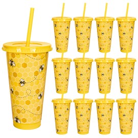 FYSUIMU 12 Pcs Bee Party Cups with Lids Straws Bumble Bee Honeycomb Plastic Tumblers Yellow Reusable Water Bottle for Iced Coffee Drinks Summer Travel, 24 Oz