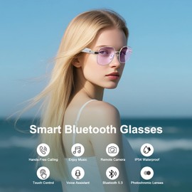 Tulbeys Smart Glasses for Men Women, Photochromic Lenses (Clear to Pink), Open-Ear, Build-in Mic Speakers, UV400 Polarized, IP54 Waterproof, Lightweight Bluetooth Audio Glasses for Indoor Outdoor