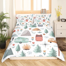 Kids Camper Theme Duvet Cover Full, Happy Camping Bedding Set, Travel Car Rv Accessories Comforter Cover, Botanical Flowers Mountain Adventure Quilt Cover, Cute Camper Bedspread Cover Bedroom Decor