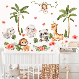 Jungle Animals Wall Decals Safari Nursery Decor Elephant Giraffe Lion Monkey Wall Sticker for Kids Baby Room Watercolor Animal Palm Leaf Wall Stickers for Boys Girls Bedroom Playroom Decoration