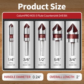ColumPRO 5PCS Cobalt 5-Flute Countersink Drill Bit Set-M35 82-Degree Countersink Chamfer Tool Set for Metal,Stainless Steel,Copper,Wood,Fiberboard,SAE 3/4”,5/8”,1/2”, 3/8”,1/4”,with Tri-Flats Shank