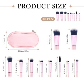 10 Pcs Mini Portable Makeup Brush Set Complete Travel Cosmetic Brushes Kit with Pouch for Blush Powder Eyeshadow Perfect for Women and Girls(pink)