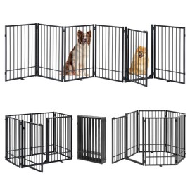 HIDOG Freestanding Dog Gate with Door, 121"W x 31"H Pet Gate Indoor Metal Dog Fence, Folding Dog Gate with 4PCS Feet, No-Assembly Freestanding Pet Barrier for Stairs, Doorways, Halls, Kitchen, Black