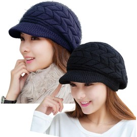 HINDAWI Winter Newsboy Hats for Women Outdoor Warm Knit Snow Ski Crochet Skull Caps Black Navy