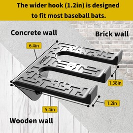 veimia Baseball Bat Holder Wall Mount, Baseball Bat Storage Rack, Holds 4 Bats on Wooden or Concrete Wall, Metal Bat Hanger with Fully Wrapped Rubber Mat, Hardware Included
