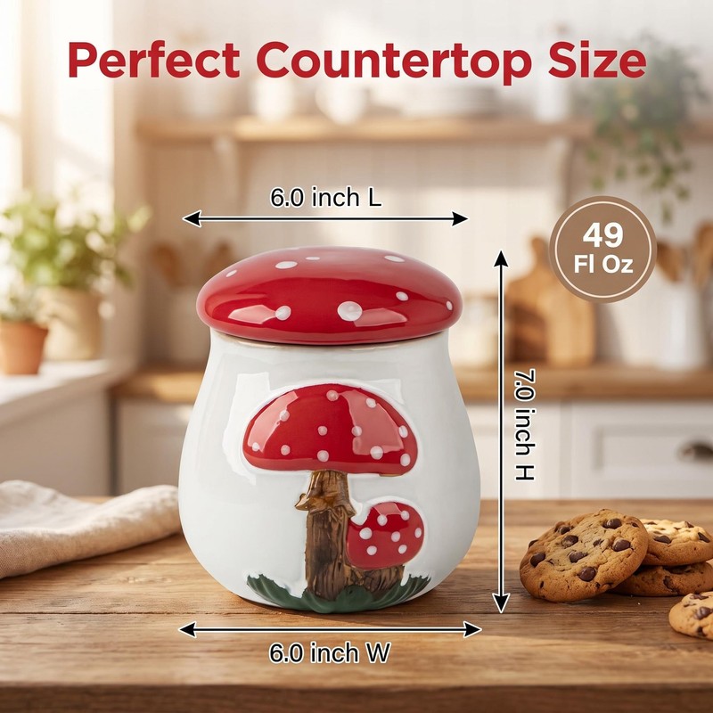 Ceramic Airtight Cookie Jar with Lid Mushroom Candy Canister Relief