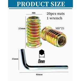 KGDUYC Pack of 20 Ramp Sleeve M8 x 25 mm - Sleeve Nut M8 Hex Hex Threaded Sleeve Screw-In Nut M8 Thread Adapter Hexagon Socket Thread Sleeve Screw Thread Wood for Wooden Furniture