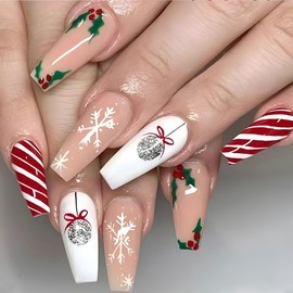 Christmas Press on Nails Long Coffin Snowflake Fake Nails, Silver Glitter Xmas Lantern Acrylic Nails, Red White Stripe Glossy False Nails Kits Winter Stick Glue on Nails Tip 24 Pcs
