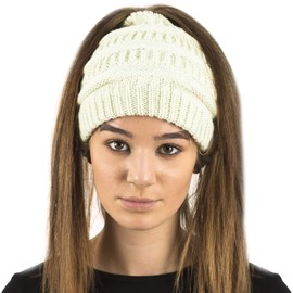 TOSKATOK® Ladies Womens Plain Ponytail Messy Bun Ribbed Winter Beanie Hat Cap Hair Hairband-Cream
