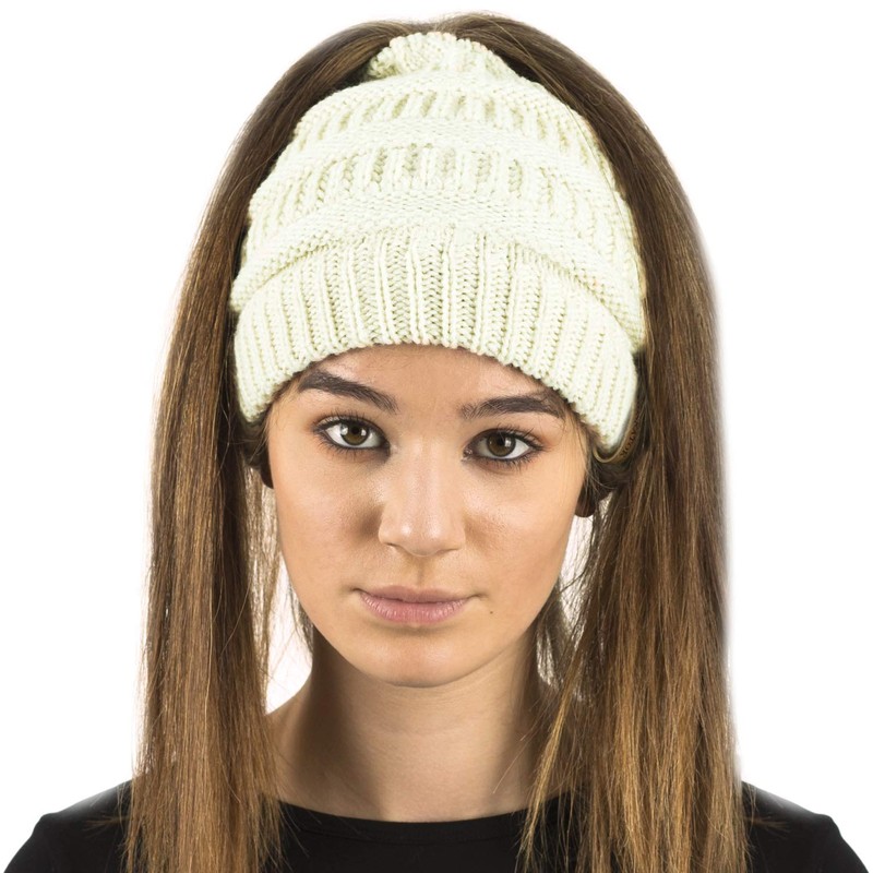 TOSKATOK® Ladies Womens Plain Ponytail Messy Bun Ribbed Winter Beanie