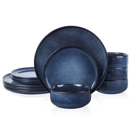 E-far Dinnerware Sets for 4, 12-Piece Stoneware Plates and Bowls Set, Reactive Glaze Dishes Dinning Ware Set, Chip & Scratch Resistant, Microwave & Dishwasher Safe - Deep Sea Blue