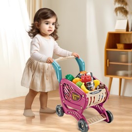 Toy Grocery Shopping Cart for Kids, Toddler Shopping Cart for Toddlers 1-3, Rich Play Food Accessories for Pretend Play, Birthday Toys for 2 3 4 5 Years Old Girls Boys
