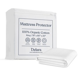 Delara Organic Waterproof, Spill Proof, Mattress Protector GOTS Certified Organic Cotton Fabric King Mattress Cover with Breathable Surface, Noiseless, Full Protection – 20 Inch Deep Pocket