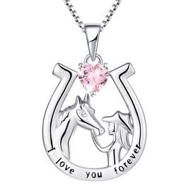 YL Horseshoe Necklace 925 Sterling Silver Engraved "I Love You Forever" Horse Pendant Jewellery for Women Girlfriend, Silver Silver October,Pink, Cubic Zirconia