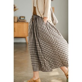 chouyatou Women's Cotton Linen Pants Elastic Waist Plaid Gingham Wide Leg Capri Palazzo Pants (Large, Coffee Brown)