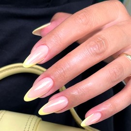 24Pcs Yellow French Tip Press Nails Long Almond False Nails Glossy Full Cover Nude Design Glue on Nail Crescent Moon Acrylic Fake Nail Reusable for Women