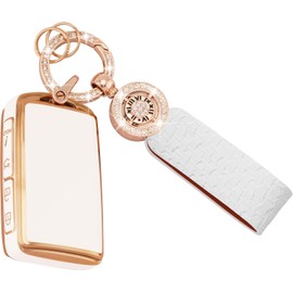 Koaudb Car Key Fob Cover for 2024-2019 Maz-da 4 Buttons for Maz-da CX-5 CX-30 CX-50 CX70 CX90 3 6 CX-9 Soft TPU Smart Key Case White Key Protector with Bling Leather Keychain(C-Mzda)